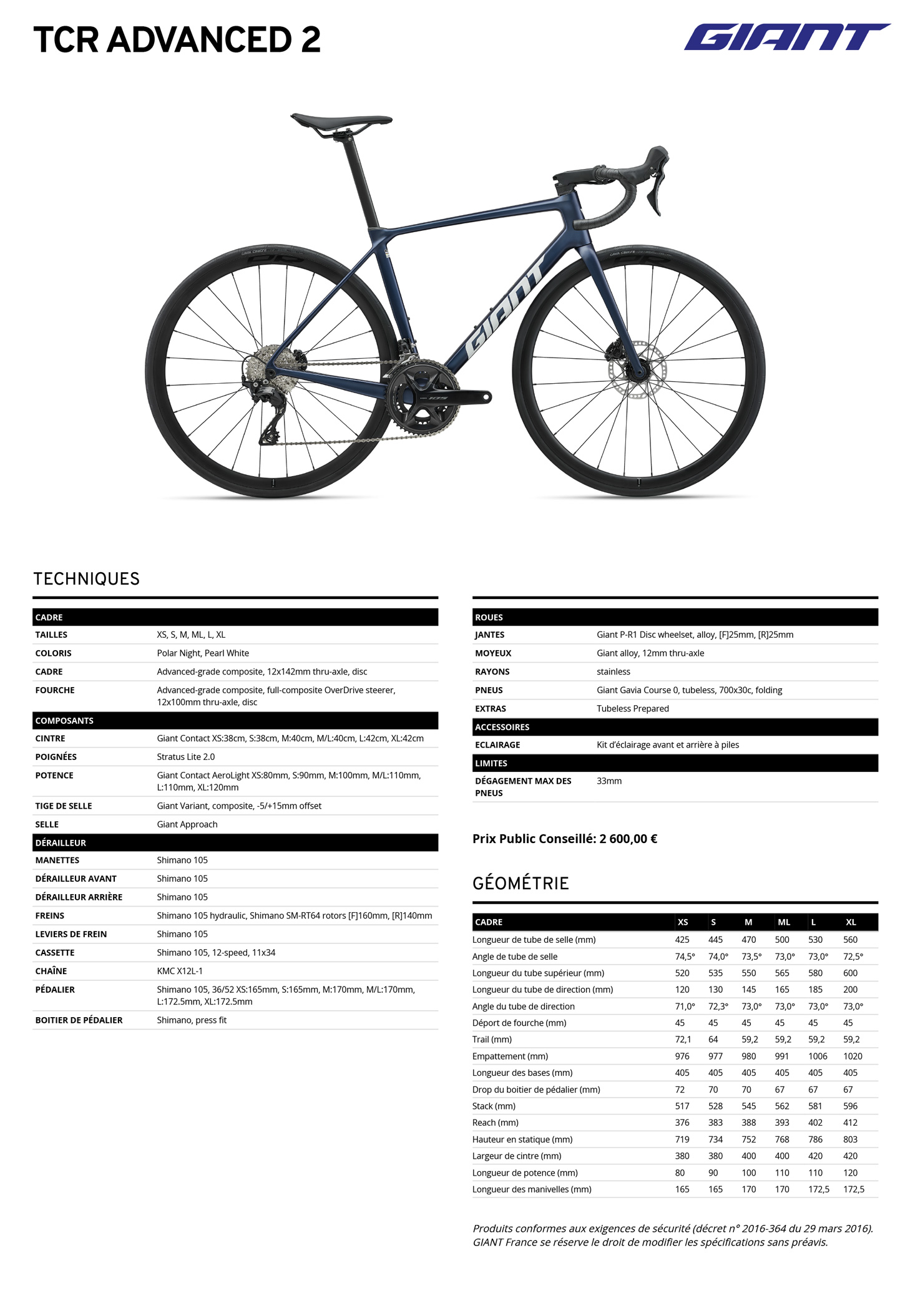 Fiche technique du velo TCR Advanced 2 année 2027